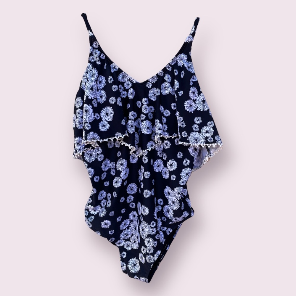 Juniors Raisins Youth Black White Las Flores Print One Piece Swim Suit Sz 16